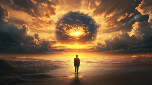 Silhouetted figure stands before circular sun portal at sea