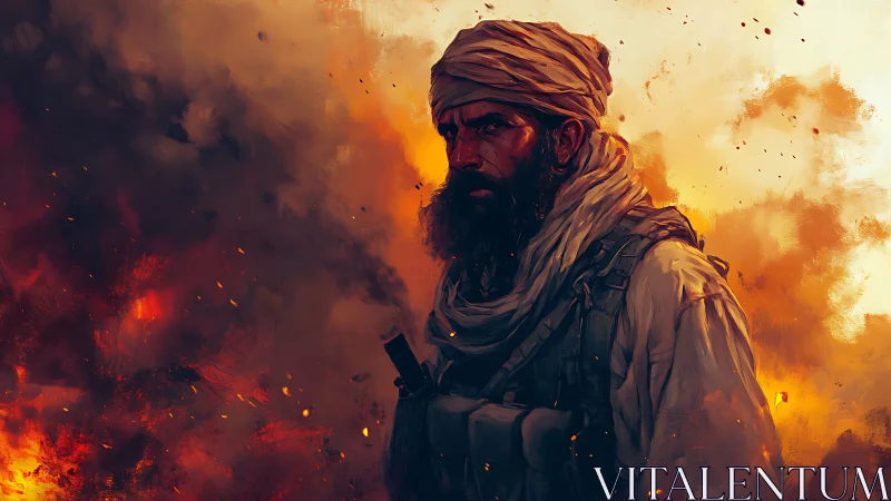 Militant figure stands amid dense fire and smoke plume