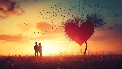 Couple Beneath Giant Heart Tree at Sunset