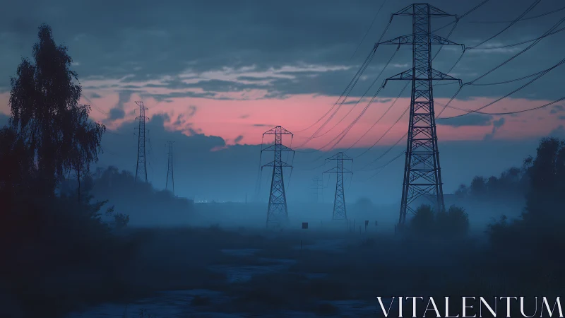 Steel giants whisper through mist beneath electric dawn glow