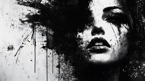 Monochrome abstract portrait with splattered ink face art.