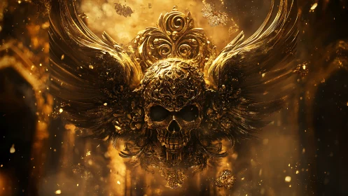 Winged golden skull sculpture floats amid glowing particles