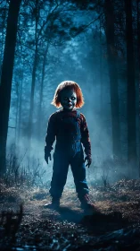 Sinister doll stands menacingly in a fog filled night forest.