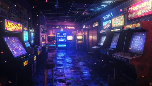 Retro neon arcade hall with glowing game cabinets at night.