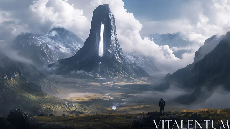 Monolithic alien spire dominates a mist-laden alpine valley