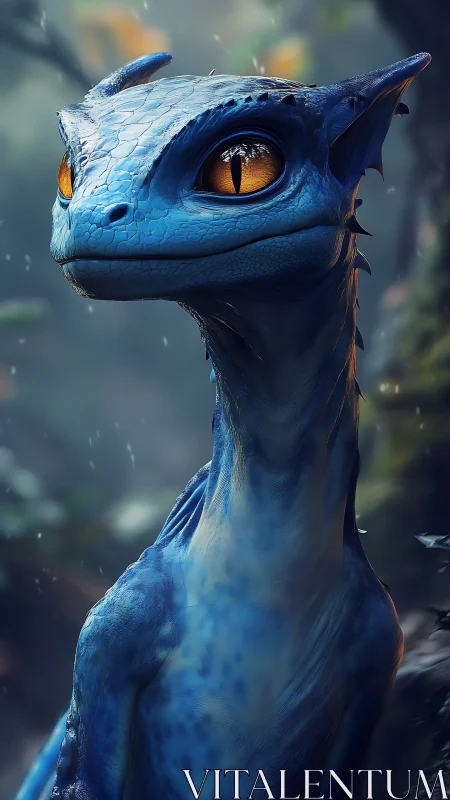 Blue forest hatchling gazes through rainlit golden eyes.