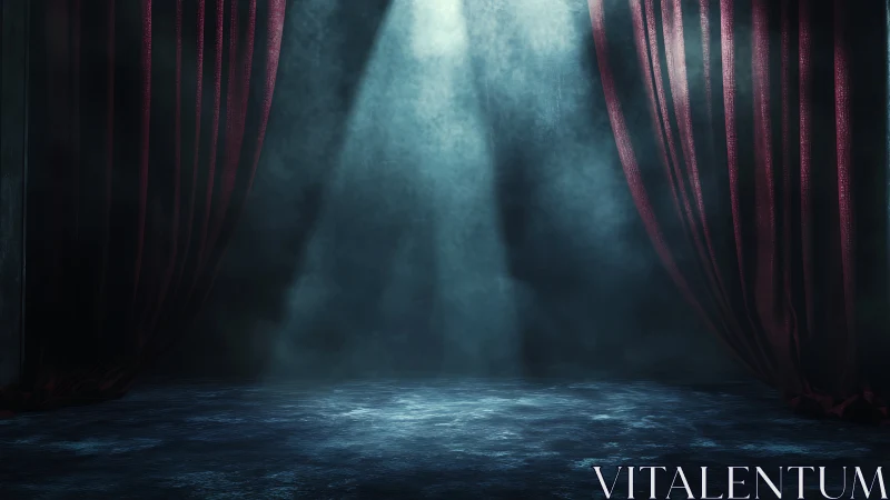 Empty theater stage with dramatic spotlight and curtains.