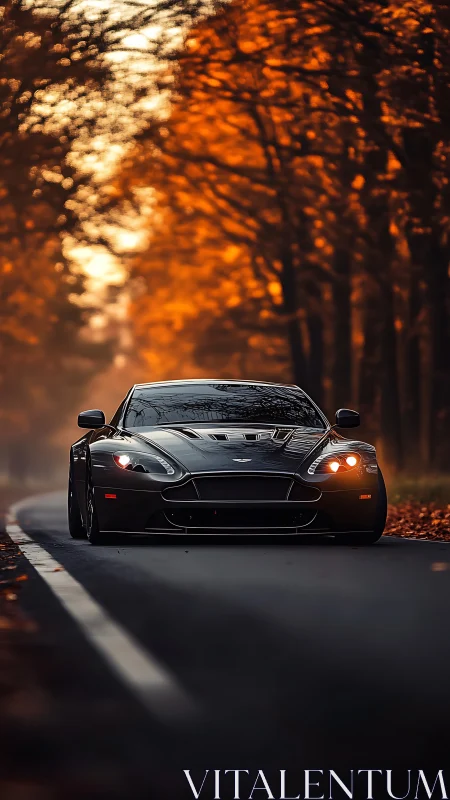 Black sports coupe on forest road in autumn daylight.