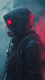 Hooded cyberpunk operative with gas mask and red volumetric backlight
