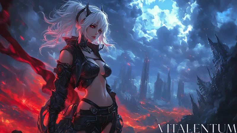 Warrior stands defiant above a burning cyberpunk ruin