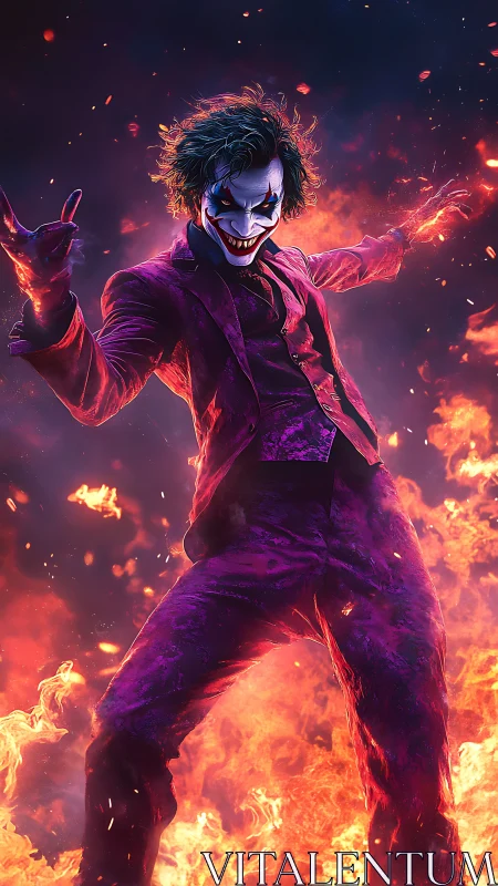 Clown-masked figure in magenta suit amid surrounding flames.