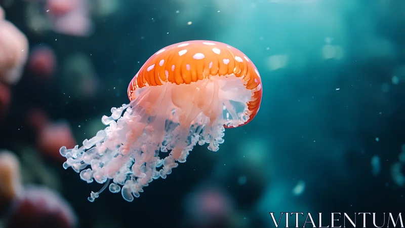Bioluminescent orange jellyfish in shallow pelagic seawater column