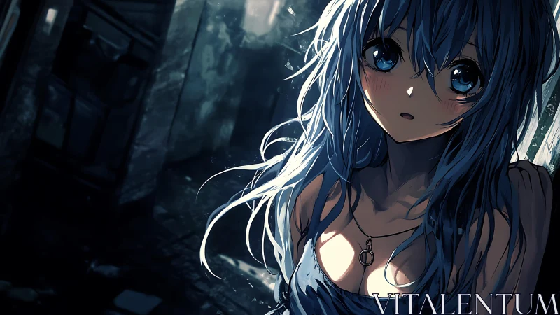 Rain-drenched blue gaze lingers in a broken city doorway