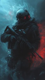Calm futuristic soldier framed by cool blue and red light.