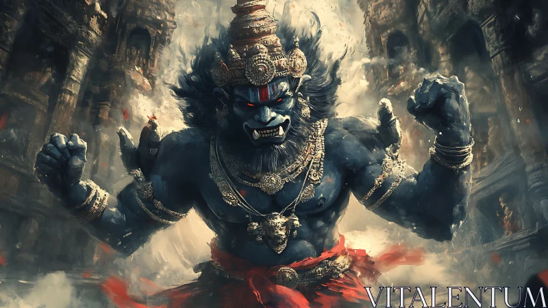 Fierce blue warrior god roars with power in ancient ruins