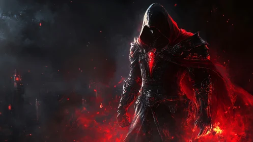 Hooded dark mage emerges wreathed in infernal crimson fire.