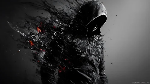 Hooded figure dissolves into dark shards and scattered embers