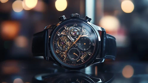 Skeleton mechanical chronograph watch with bokeh lighting.