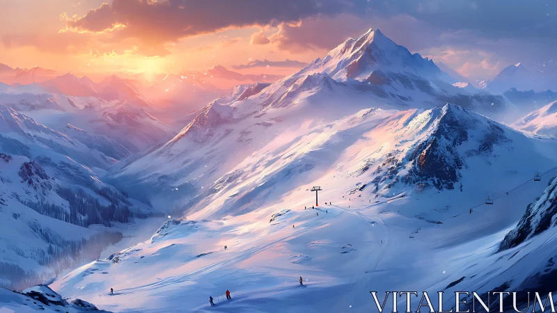 Snow covered alpine ski slopes under winter sunset light.
