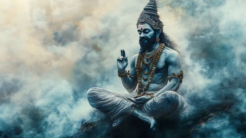 Blue meditative deity seated in swirling ethereal mist.