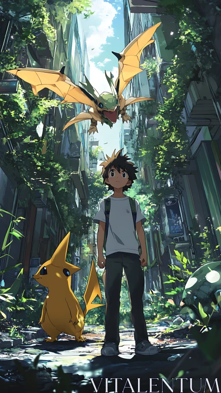 Urban jungle trainer with electric and dragon companions.