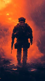 Armored soldier walks into burning stormlit battlefield glow