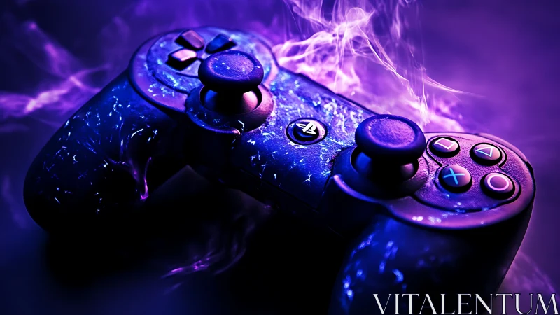 Luminous Gaming Controller Engulfed in Electric Purple Energy Waves
