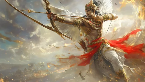 Skyforged archer prince looses a blazing mythic arrow.