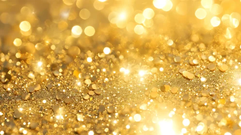 Golden glitter bokeh background with glowing light bursts.