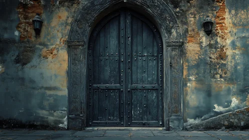 Weathered arched wooden door set in decayed stucco masonry wall