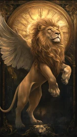 Winged lion ascends before radiant gilt halo in baroque frame