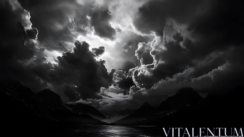 Storm-lit mountain lake beneath turbulent monochrome clouds.