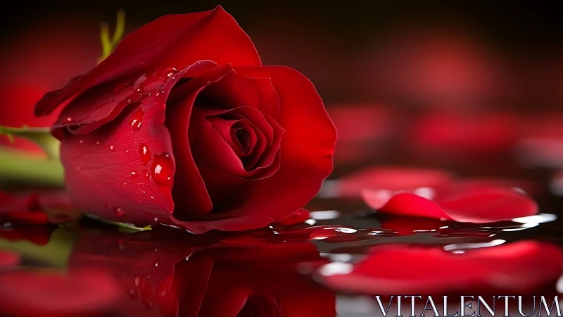 Deep Crimson Rose with Water Droplets and Blurred Petals.