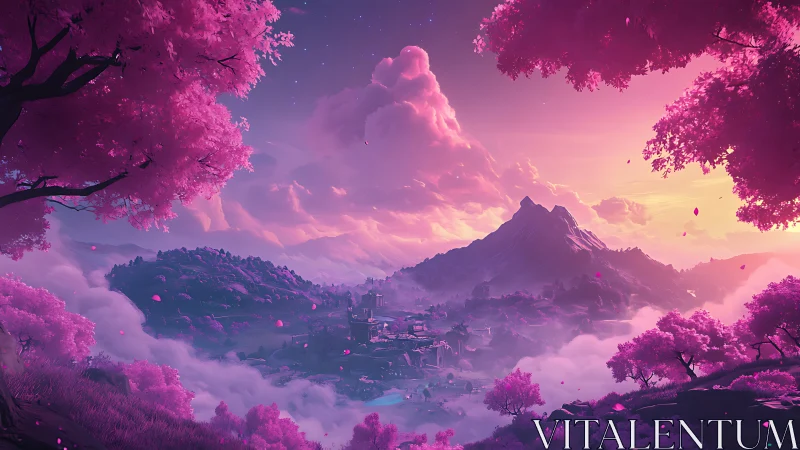 Pink fantasy valley and mountain at dramatic sunset sky.