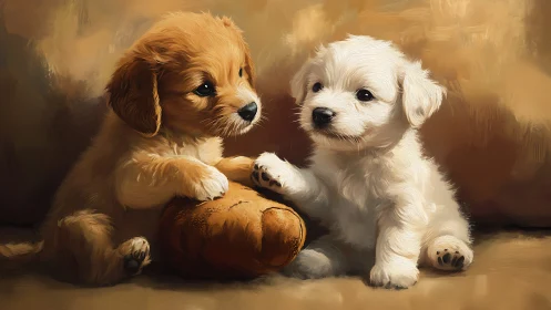 Two small puppies with bread on warm-toned background.