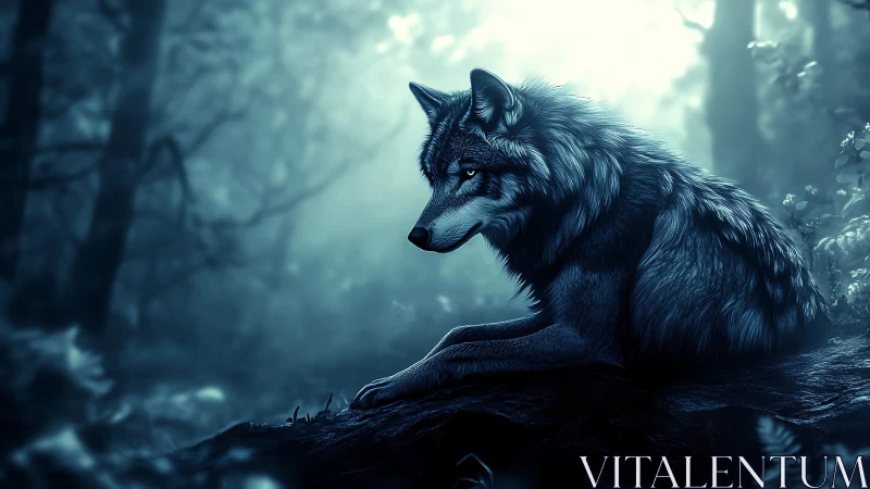 Moonlit forest wolf folds silence into cool blue shadow