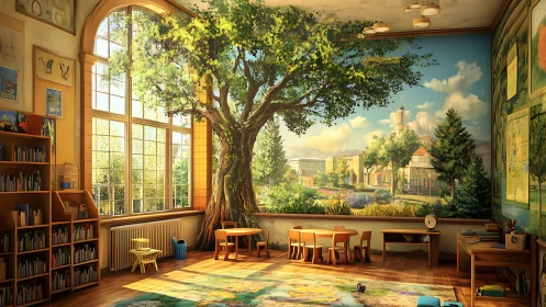 Storybook classroom merges nature mural with cozy reading space.