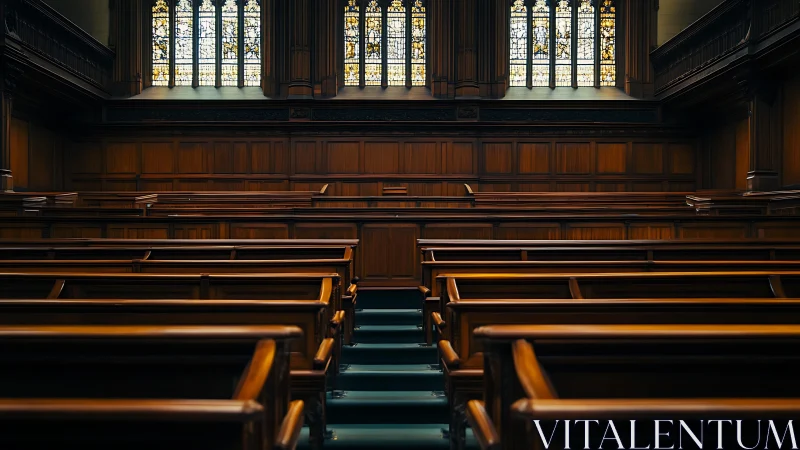 Empty wooden church interior shows aligned pews and stained glass