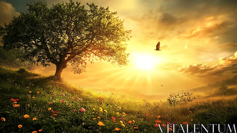 Sunlit meadow tree greeting a golden runaway sunrise.