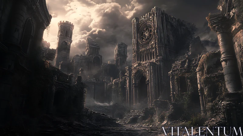 Gothic fantasy ruins in atmospheric digital painting composition.