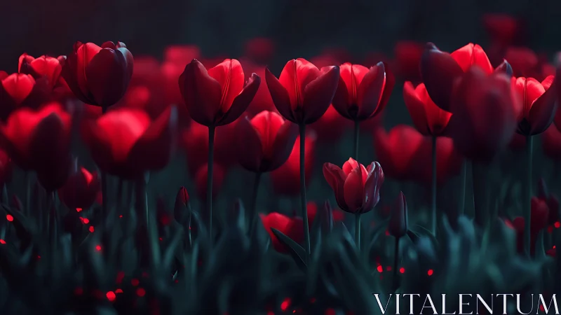 High Contrast Red Tulip Field with Volumetric Depth-of-Field Rendering