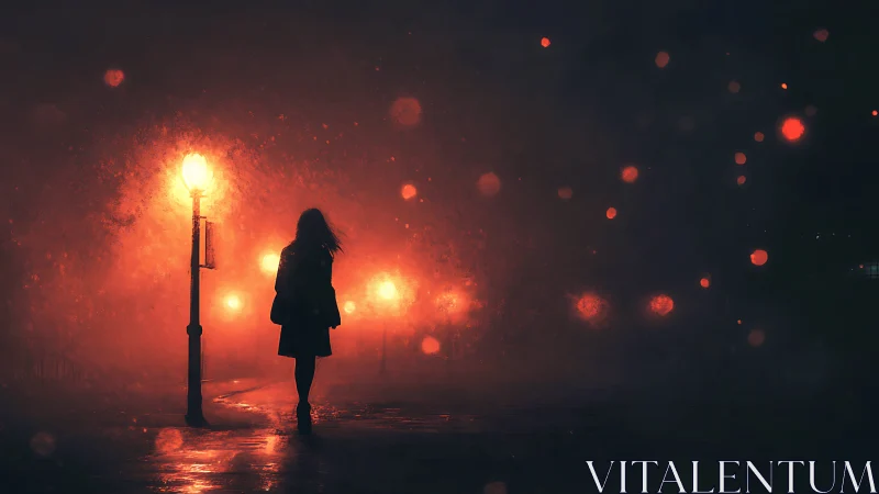 Midnight stroll beneath ember streetlights on a misty road.