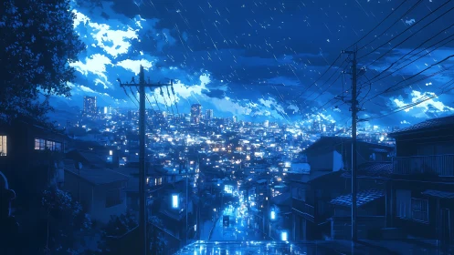 Rainwashed blue cityscape glows under nocturnal skyline.