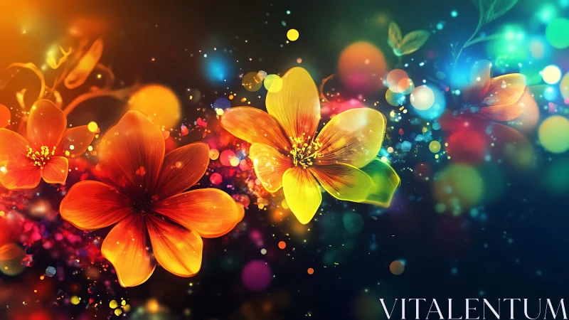 Luminescent Flowers Against Dark Background with Particle Effects