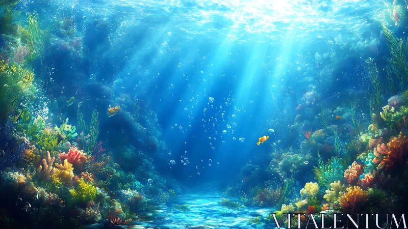 Sunlit coral reef scene with fish and underwater foliage.