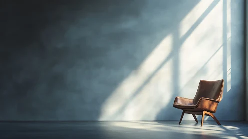 Leather lounge chair stands in sunlight against blue wall