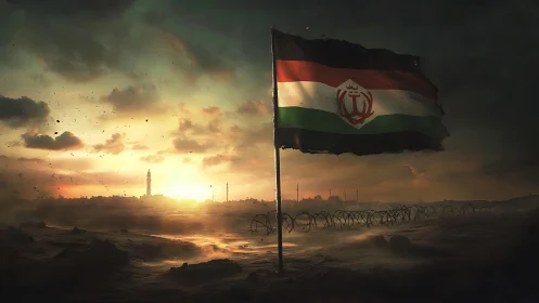 War-torn desert skyline with tattered tricolor flag at sunset