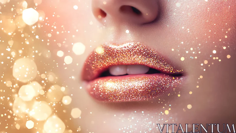 Glittering rose-gold lips in dreamy cosmetic close-up.