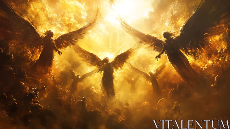 Radiant celestial host in gold-lit apocalyptic sky vortex