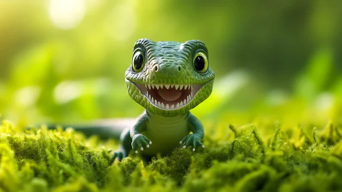 Adorable stylized baby dinosaur smiles amid luminous moss